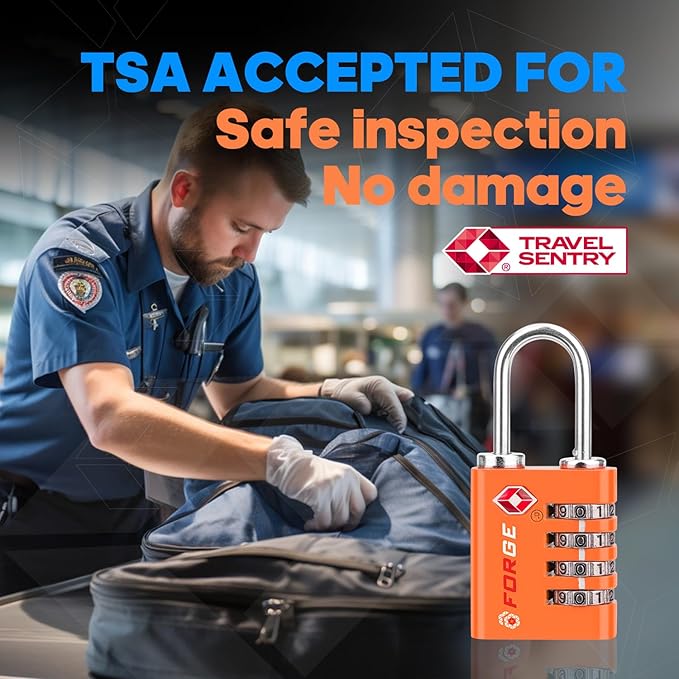 Forge Dual-Opening: Key or Combination Access Lock, TSA Approved Locks for Luggage, Pelican case, Travel, Gym, School, Stainless Steel Shackle.(Orange, 2 Pk)