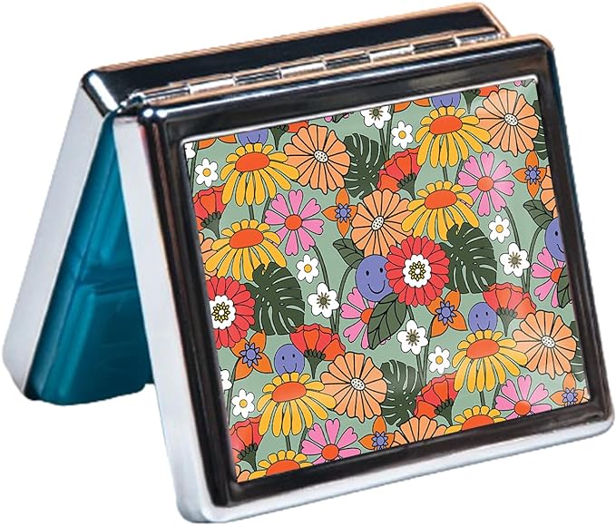 Silver Vintage Pill Box 7 Day Metal Pill Box with Mirror and 8 Compartments Cute Travel Pill Organizer for Purse (Retro Summer Floral)