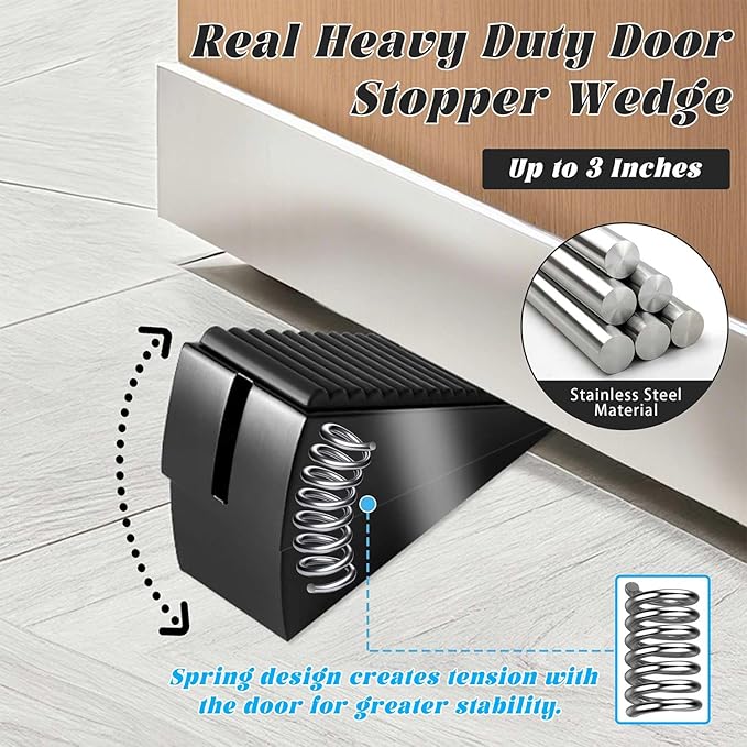 Large Heavy Duty Door Stoppers, Premium Spring Door Stopper for Bottom of Door, Adjustable Large Rubber Stoppers Wedge with Metal, Door Stop Suits Any Heavy Door (Black-0ne)