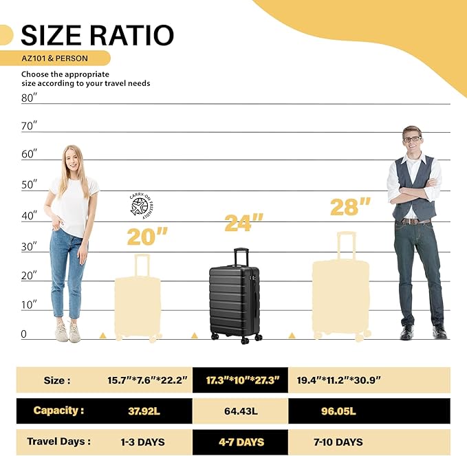 AnyZip Suitcase Hardside PC ABS Lightweight USB Luggage with Wheels TSA Lock Checked-Medium 24 Inch Black