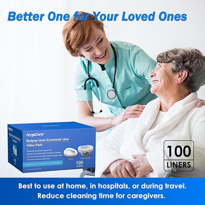 100 Count Enlarged Bedside Commode Liners for Commode Chairs, Bed Pans, and Portable Toilets, Pre-Separated, Leakproof, Sturdy, Disposable, for Adults, Seniors, Medical Care, and Camping