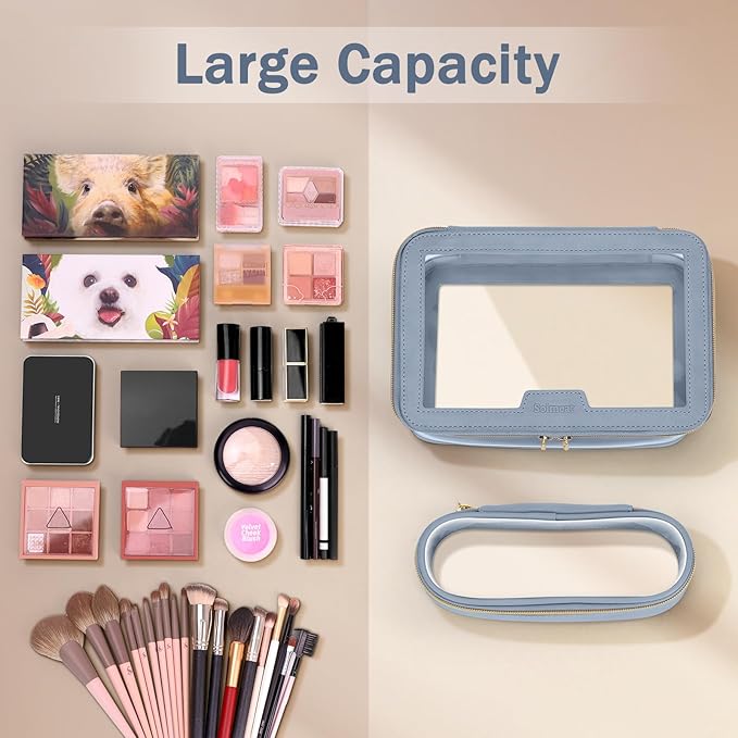 Travel Clear Makeup Bag with Makeup Brush Bag, Leather Makeup Case Toiletry Bag, Portable Cosmetic Bag Case, Transparent Waterproof Cosmetic Organizer Storage Bag for Women, Blue