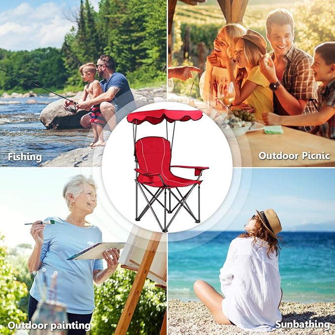 S AFSTAR Safstar Folding Camping Chair with Canopy, Portable Lawn Beach Canopy Chair with Cup Holder & Carry Bag, Load Bearing Up to 265LBS, Folding Chair for Outside Outdoor Travel Hiking Fishing