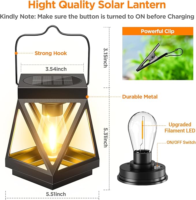 KOOPER 2 Pack Solar Lanterns Outdoor Waterproof, Upgraded Black Metal Hanging Solar Lights Outdoor Lanterns Decorative for Yard Patio Table Pathway Garden Decor