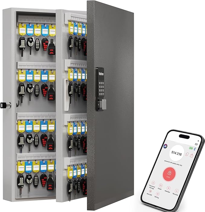 WeHere 192 Key Lock Box Wall Mount, APP Bluetooth/OTP/Wi-Fi/Fixed Code/Key Unlock, Smart Key Cabinet with Key Tag, Key Organizer Holder Box, Key Management Directory for Office, Valet, Realtor, Hotel