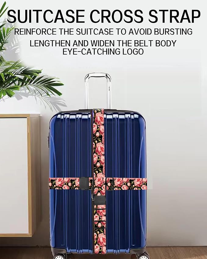 Luggage Straps for Suitcases, Adjustable Travel Belt, Durable Wide Luggage Strap, Cute Suitcase Strap Identifiers with Buckle, Bag Straps for Luggage, Luxury Red Flowers