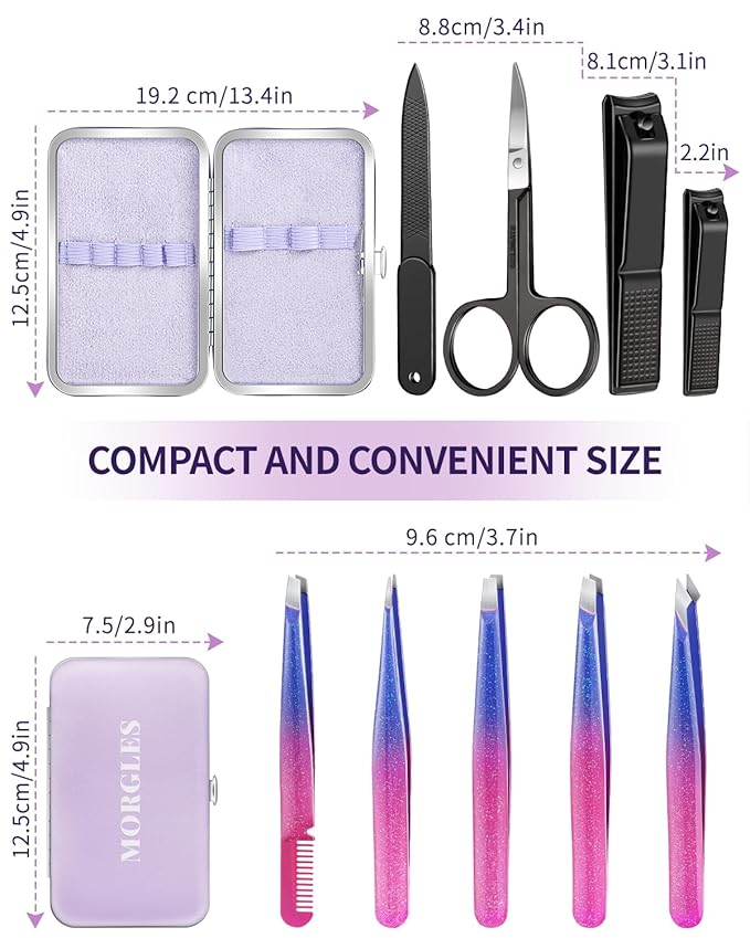 MORGLES Eyebrow Tweezers for Women and Nail Clipper Set with Travel Case Precision Tweezers for Facial & Ingrown Hair Removal with Scissors