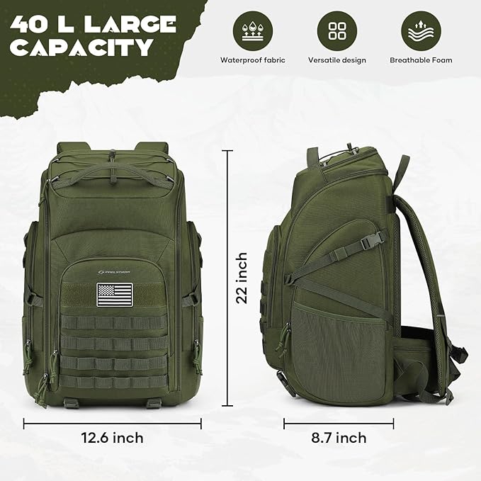 Maelstrom Tactical Backpack for Men, 40L Military Backpack,Water Resistant Assault Pack for Women, 3-Day Bug Out Bag for Hiking, Camping, Gym with Molle System-Army Green