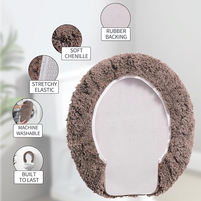 Microfiber Elongated Toilet Seat Cover 19.5"x 15" Machine Washable Solid Toilet Lid Cover Adjustable Rubber Backing Fits Most 18-19.5" L x 14-16" W Elongated Toilet Seat