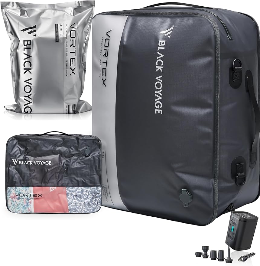 Black Voyage Reusable Vacuum Compression Travel Bag for Carry-On Suitcase and Backpack, Recycled IP67 Waterproof Space Saver Vacpack (2-Pack, 18L - Pump Included)