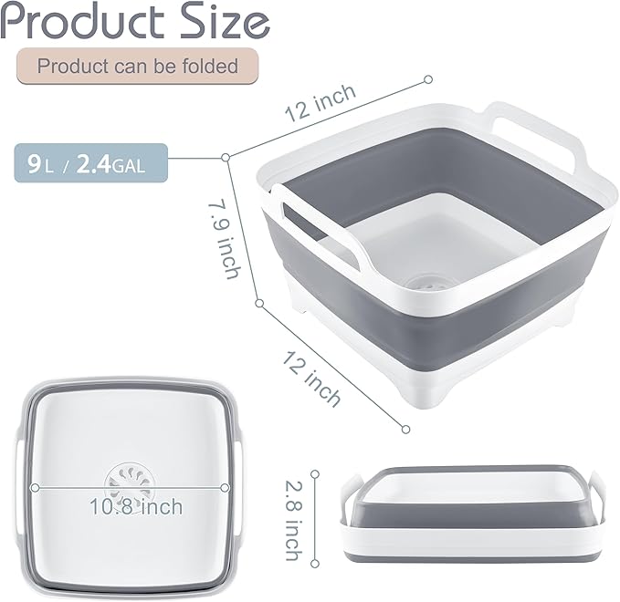 2.4 Gal(9L) Collapsible Dish Basin with Drain Plug - Multiuse Foldable Wash Basin for Baby Bottles, Space-Saving Multiuse Dish Tub, Kitchen Sink for Camping, Dishes Washing, RV (Gray)