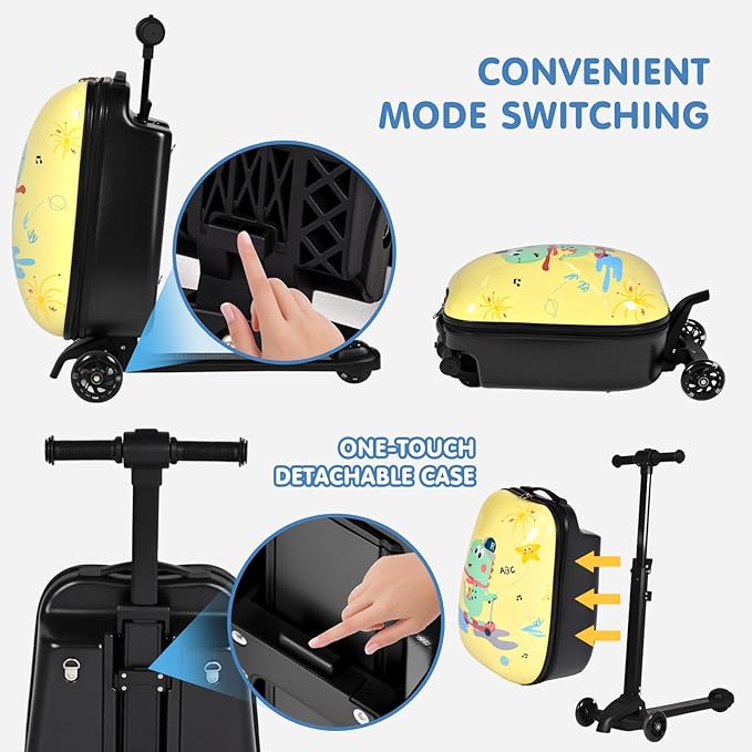 smilesun 4-in-1 Detachable Scooter Luggage for Kids & Teens – Hardside Ride-On Suitcase with Led Light Up Wheels, Dinosaur Design, Lightweight Foldable, Perfect Travel Gift for Boys(Yellow 22-inch)
