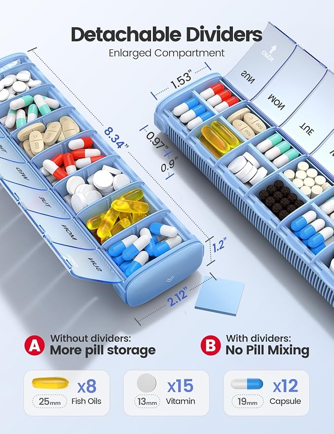 Vaydeer 7 Day Weekly Pill Organizer (Support 2 Times a Day), Metal Travel Pill Case, Large Capacity Daily Cute Pill Box for Supplements, Pills, Vitamins and Medication (Gunmetal)