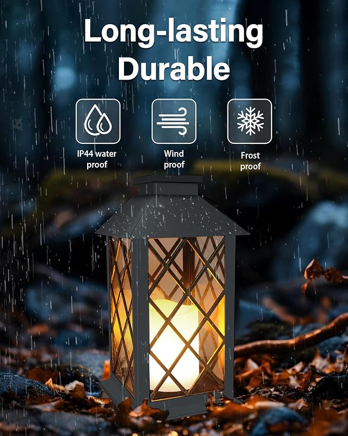 SHYMERY Solar Lanterns Outdoor Waterproof, 14 Inch Outdoor Lanterns with LED Flickering Flameless Candles,2 Pack Hanging Black Lantern Decorative for Patio,Front Porch,Balcony,Outside,Table Decor