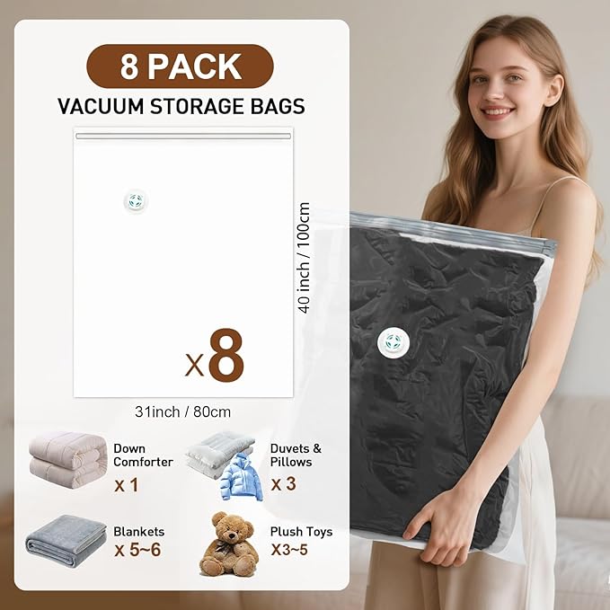 8 Pack Vacuum Storage Bags for Comforters and Blankets, Jumbo 40x31 Inch Vacuum Seal Bags, Space Saver Bags for Bedding, Clothes, Pillows, Reduces Closet Space, With Electric Pump