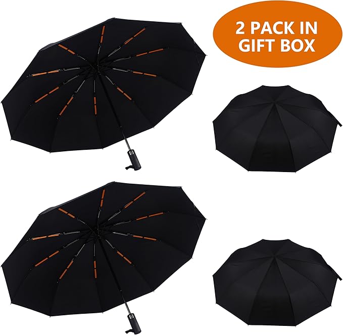 Double 10-Rib 46 Inch Compact Travel Umbrella for Rain - Sturdy Portable Windproof Umbrella - Small Automatic Folding Umbrella