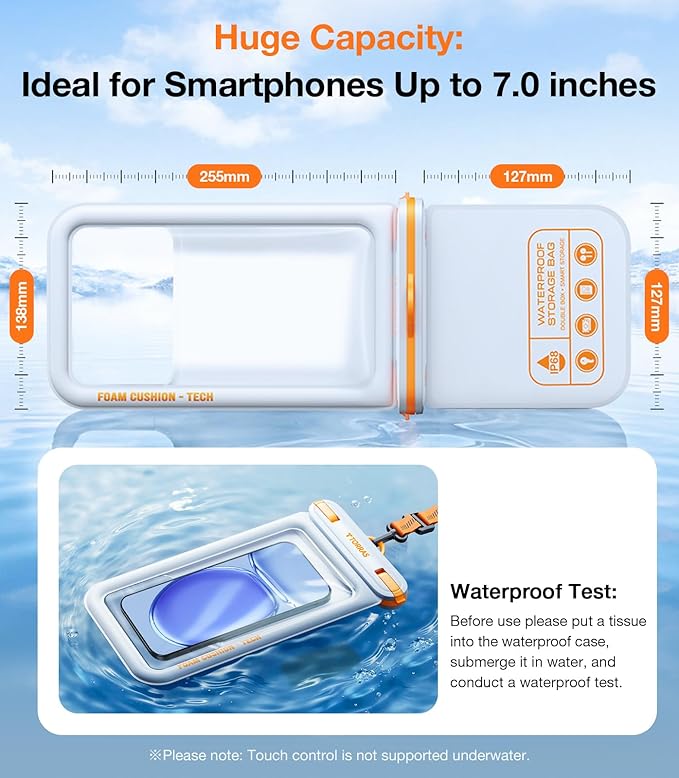 TORRAS IP68 Waterproof Phone Pouch Double Space, Floating Waterproof Phone Case with Lanyard for iPhone 16 Pro Max 15 14 13 S25 S24, Phone Dry Bag Vacation Cruise Ship Travel Essentials 7.0'', White