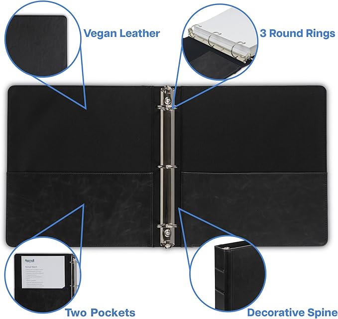 Samsill Vintage Leather Binder, 1 Inch Round Ring (Holds 200 Sheets), Letter Size 8.5x11 Documents, Professional Organizer Portfolio, No Zipper, Black