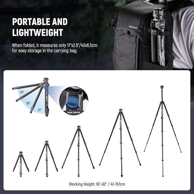 NEEWER LITETRIP LT32 62" Travel Tripod Carbon Fiber with ±15° Leveling Base, Detachable Center Axis, Fast Flip Buckle, 360° Pan Arca Type QR Plate Compatible with Peak Design Capture V3 (Former TP62)