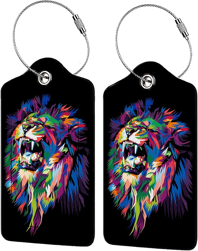 Colorful Lion's Roar Luggage Tags for Suitcases,2 Pack Luggage Tag, Leather Stainless Steel Loop Label Tag for Women Girl Travel Bag Suitcase