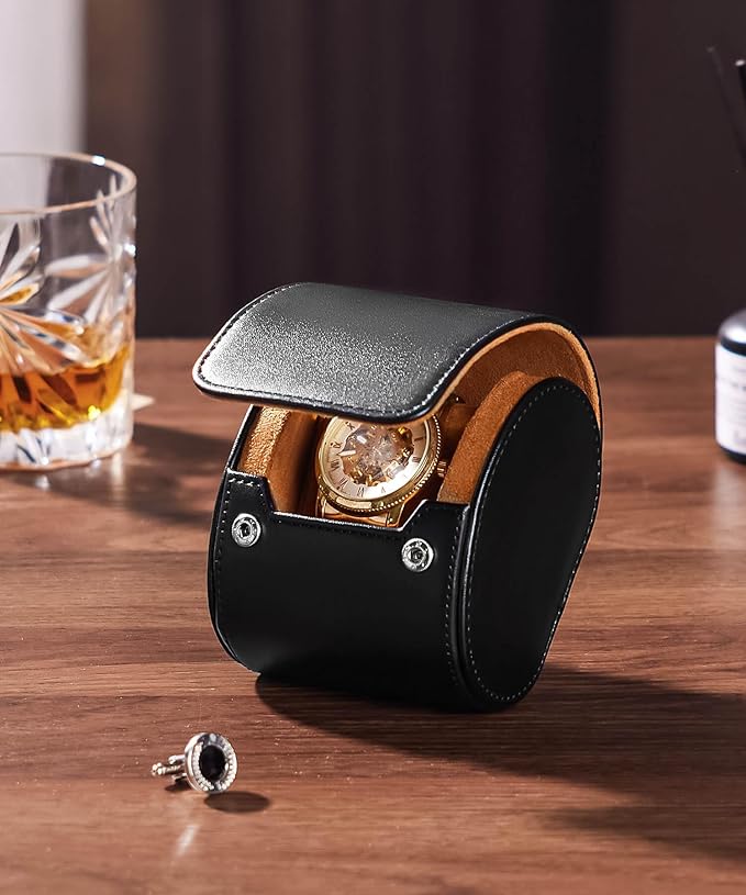 Homde Travel Watch Box Leather: Traveling Case for Men - Luxury Watch Roll for Wristwatch on the Go (black, S)
