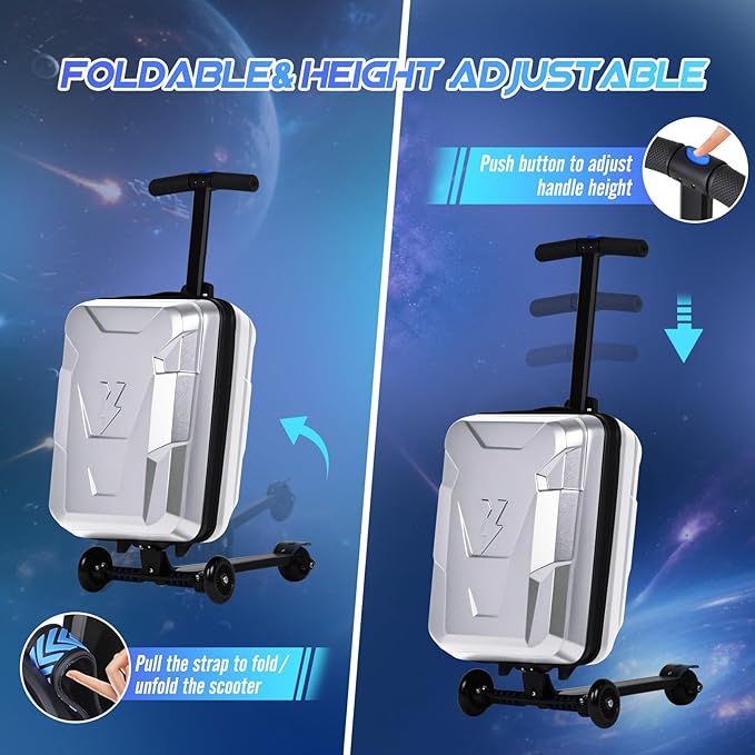 Scooter Suitcase for Kids & Adults, Foldable Carry On Travel Luggage, Hardside Ride on Scooter Suitcase with LED Light up Wheels，Silver