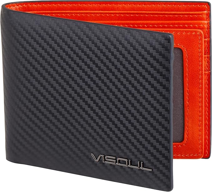 VISOUL Mens Bifold Wallet with 2 ID Windows Carbon Fiber Leather, RFID Blocking Secure Designer Billfold Wallets for Men with Two Cash Compartments (Black+Orange Red)