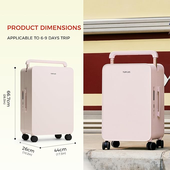 TUPLUS 24” Checked Hardside Luggage Lightweight ABS Travel Suitcase with Wide Handle Spinner Wheels TSA Combination Lock, Balance Series 2.0, Sakura Pink