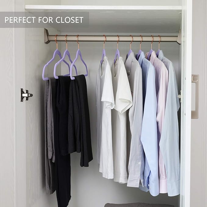 MIZGI Premium Velvet Hangers (50 Pack) Heavy Duty - Non Slip Felt Hangers - Velvet Suit Hanger Light Purple - Rose Gold Hooks,Space Saving Clothes Hanger