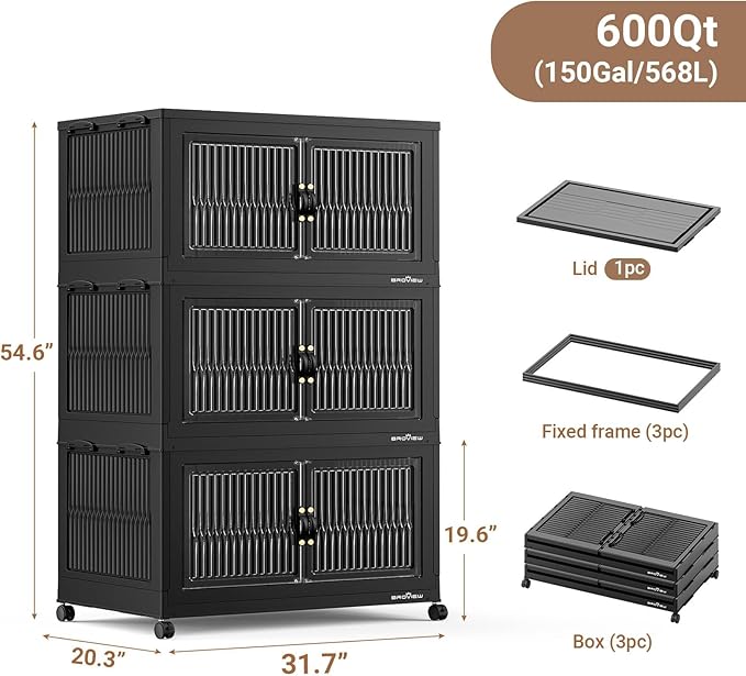 BROVIEW 600Qt Extra Large Stackable Storage Bins with Lid, Closet Organizer Collapsible Drawer Boxes with Wheels, Folding Plastic Cabinet Containers for Home Kitchen Room Organization, 3Pack Black