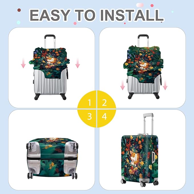 ANNA QUEEN Dreamy Cat Luggage Cover, Cat Sleeping in a Flower Field Design, Stretchable, Washable Travel Protector for 20-22 Inch Luggage