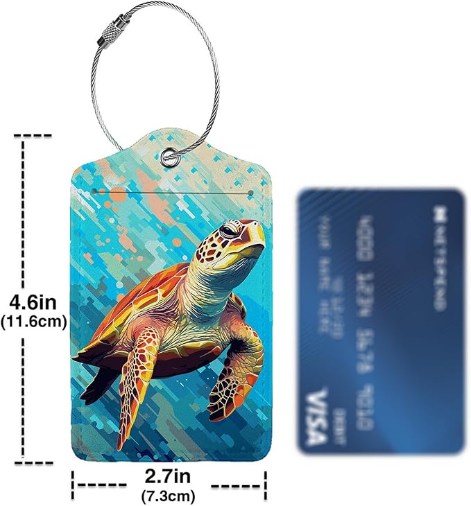 Colorful Wild Sea Turtle Luggage Tags for Suitcases,2 Pack Luggage Tag, Leather Stainless Steel Loop Label Tag for Women Girl Travel Bag