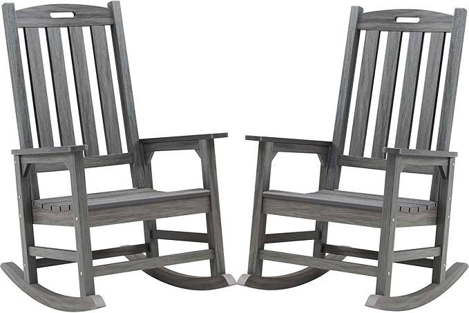 Psilvam Outdoor Rocking Chair Set of 2, Poly Lumber Oversized Rocking Chair with 21" Wide Seat and 32" Tall Backrest, Pre-Assembled with Most Components for Effortless Installation(Dark Gray)