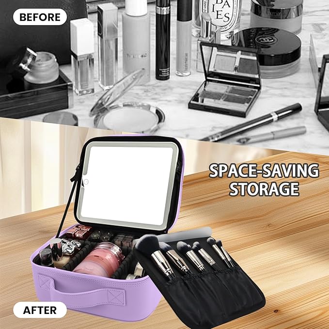 Travel Makeup Bag with LED Mirror and Light Travel Makeup Case Cosmetic Organizer Portable Cosmetic Brush Organizer Bag with Adjustable Dividers for Cosmetics Makeup Brushes Toiletry(Purple)