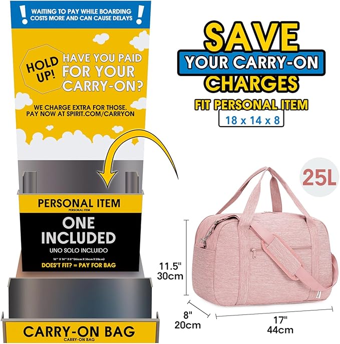 Narwey 18" Carry on Bag with Laptop Compartment 14 Inch Travel Duffel Bag for Spirit Airlines Personal Item Bag Overnight Weekender Bag with Wet Pocket for Women and Men (Pink)