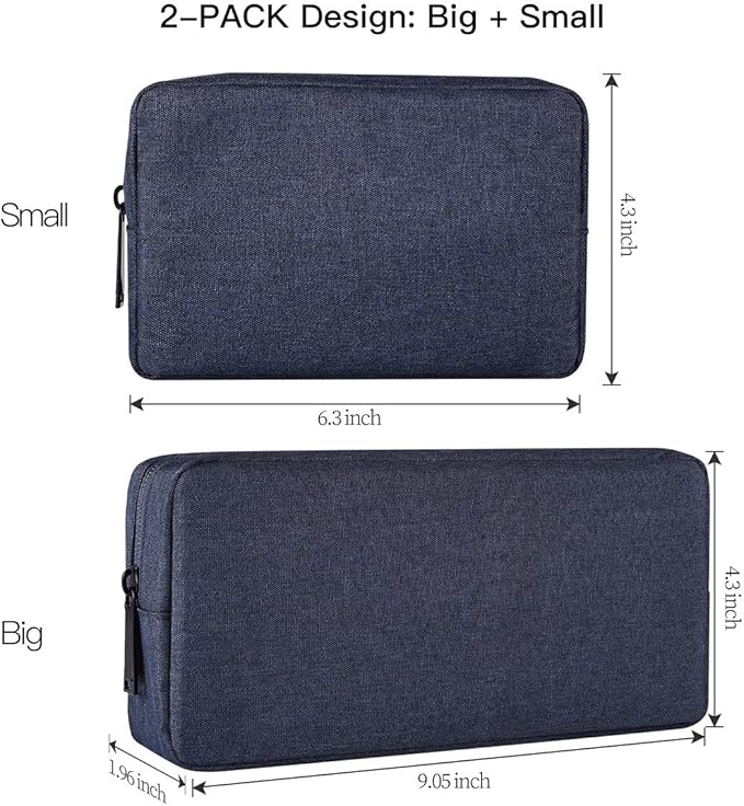 2-Pack Portable Storage Pouch Bag, Universal Electronics Accessories Case Cable Organizer Compatible with Hard Drive, Laptop Mouse, Power Bank, Adapter, Cellphone, Cosmetics (Small+Big-Navy Blue)