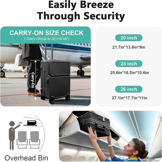 Hard Shell Luggage 20 Inch Travel Luggage, 22x14x9 Airline Approved with TSA Lock, ABS Aluminum Frame, Lightweight Travel Luggage 20'' 24'' 26'' Carry-On (Upgraded Black, 20 Inch)