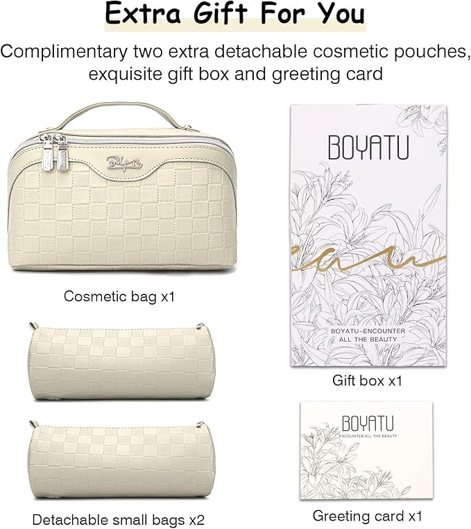 Travel Makeup Bag Organizer Cosmetic Bag: 3 Pcs Set Make up Bags for Women with Handle - Waterproof Vegan Leather Toiletry Bags with Comparments (C-04-Beige)