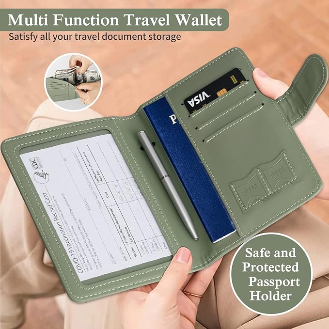 TIGARI Passport Holder for Travel Women Men, PU Leather Waterproof RFID Passport Holder Wallet Cover Case Sleeve, Family Vacation Plane Cruise Travel Document Organizer Essentials-Green