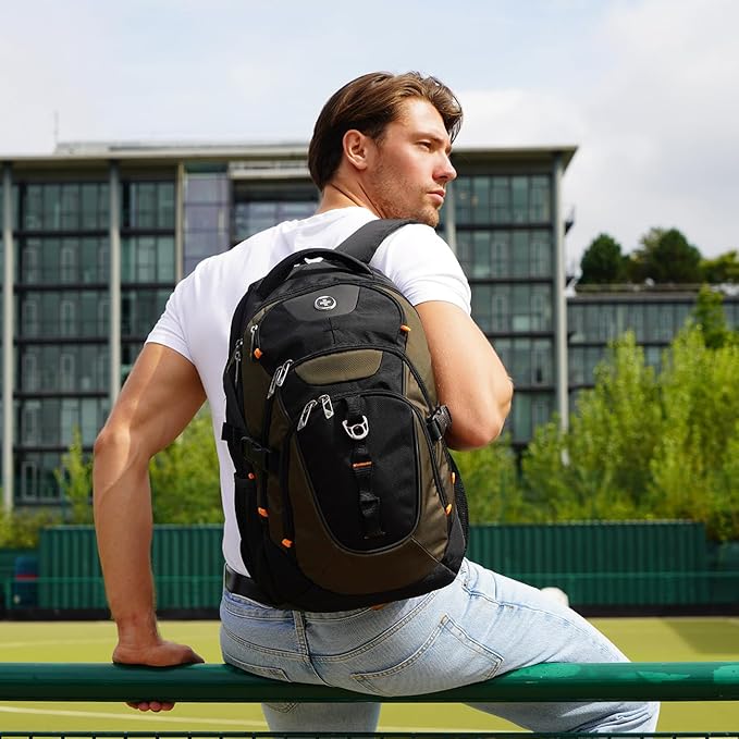 Swissdigital Design Laptop Backpack with USB Charging Port, TSA Travel Backpack Fits 15.6 inches Computer, 31L College School Backpack for Men, Olive/Black | SD803-26