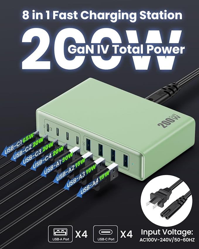 200W USB C Charger Block,GaN IV Charging Station 8 Ports,QC4.0 Fast Charging Station Hub+PD 65W USB C Laptop Charger Adapter Compatible with MacBook Air/Pro,DELL,iPhone 16/15,iPad,Steam Deck-Green