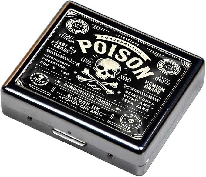 Cute and Portable Metal Pill Organizer – 8 Compartments, Elegant Chrome Finish, Ideal for Travel and Daily Use (Poison Label Retro)