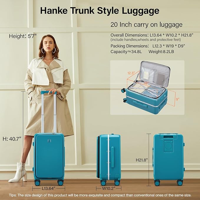 Hanke 20 Inch Carry On Luggage with Cup Holder and Charge,Top Opening Hard Shell Suitcases with Wheels and Dividers,Aluminum Frame Trunk Luggage Small Suitcase with Lock for Travel,Caribbean Blue