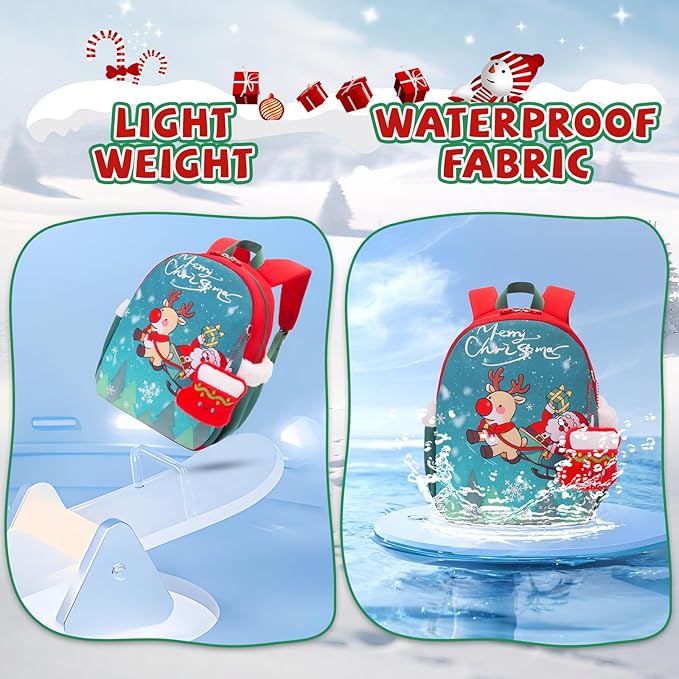 SUN EIGHT Kids Christmas Backpack – Glow in the Dark Santa & Reindeer Design, Lightweight Waterproof School Bag with Plush Stocking Charm & Gift Bag – Perfect Holiday Present for Boys and Girls