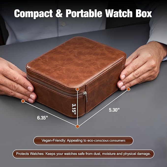 Awesometik Luxury Travel PU Leather Watch Case. Watch Storage Organizer. Watch Display & Watch Holder. Perfect For Watch Collection. Ready to Gift for Men (Brown/Brown, Engraved 3 Slot Watch Case)