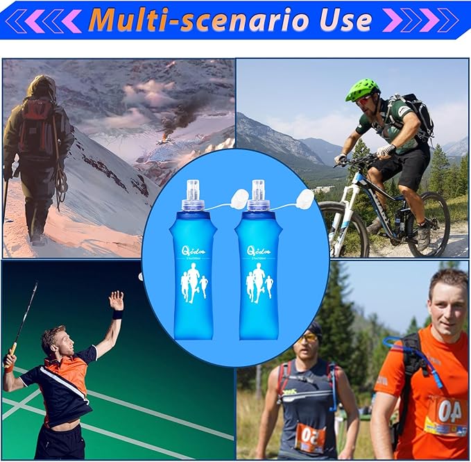 Qidoe 2 Pack Running Vest Soft Flask, 17oz/500ml BPA-Free TPU Collapsible Soft Water Bottle for Hydration Pack, Running Vest, Folding Water Bottles for Hiking Cycling Climbing