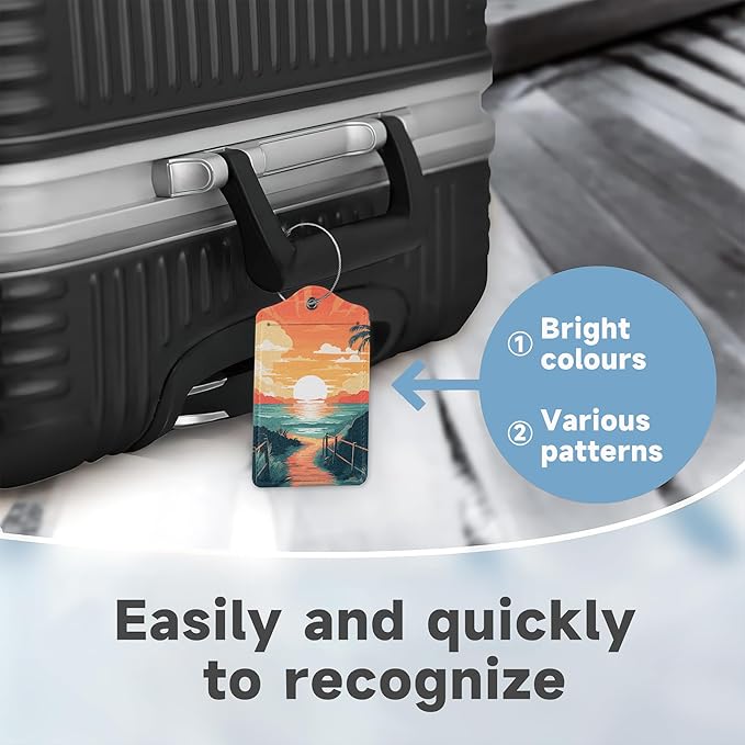 Sunset Beach Summer Luggage Tags, 2 Pack Travel Cruise Tags for Suitcases, Cute Identifiers with Privacy Flap, Baggage Tags for Women Men Handbag