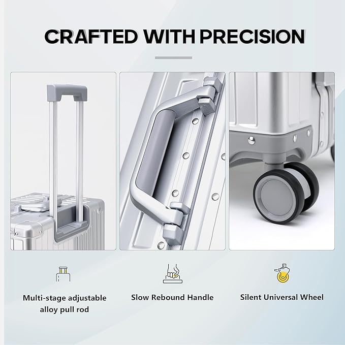 YYW Aluminum Carry-On Luggage Airline Approved Lightweight Suitcase with TSA Lock and Silent Wheels Hardshell Spinner Business Travel (Silver, 20in)