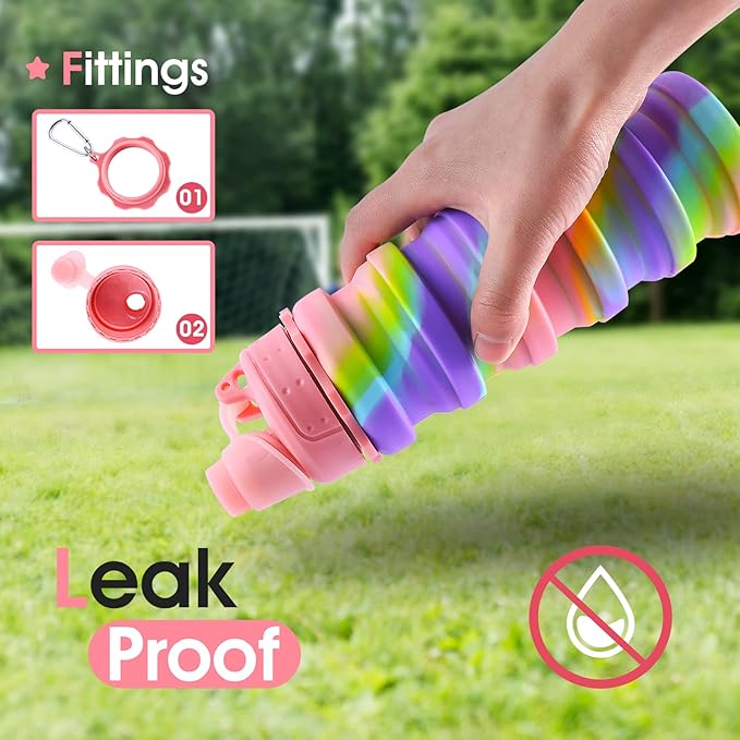 Collapsible Water Bottles for Travel, Foldable Sports Water Bottle for Kids, Reusable Water-proof Silicone Water Bottles with mountaineering Buckle for Camping Hiking Holiday