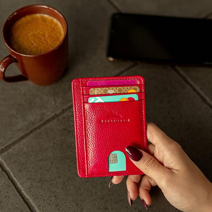 KARAKORAM Vertical Handcrafted Premium Leather Front Pocket Credit Card Holder with RIFD Protection | Artisan Made Slim Leather Wallet | Finger Glide Slots for Cards and ID (Summit Sunset Red)